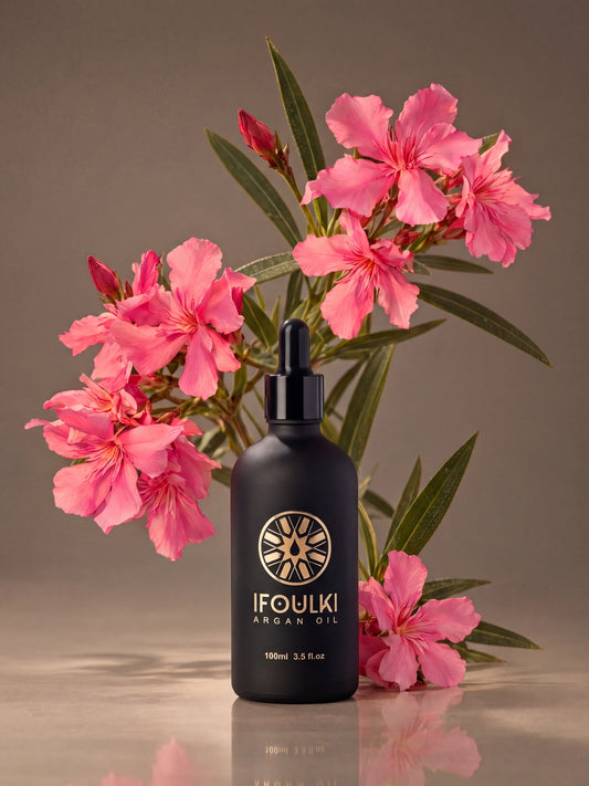 Ifoulki 100 ml Black argan oil bottle with pink oleander flowers
