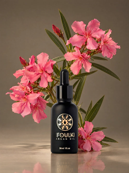 Ifoulki 30 ml Black argan oil bottle with pink oleander flowers