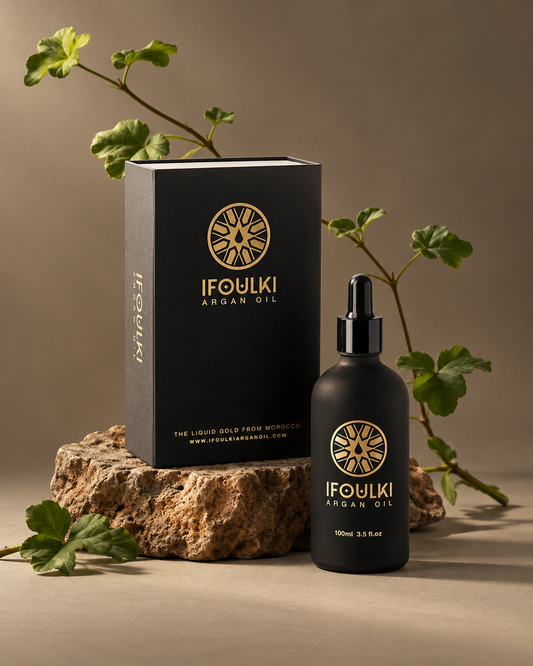Ifoulki Argan Oil 100ml black bottle with black presentation box and natural stone