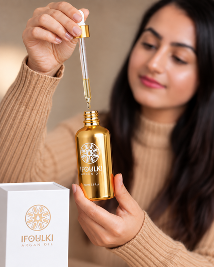 Ifoulki 100 ml Gold argan oil bottle with dropper and white presentation box