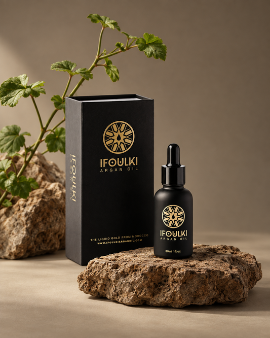Ifoulki Argan Oil 30ml black bottle with black presentation box on a stone