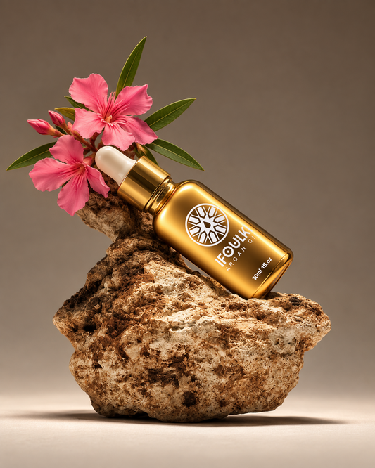 Ifoulki Argan Oil 30ml gold bottle resting on a natural rock beside pink flowers