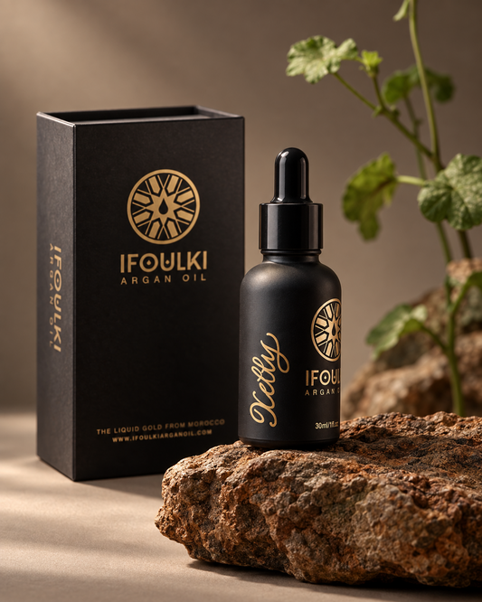 Personalized Ifoulki black bottle with a name handwritten in gold calligraphy beside its black presentation box